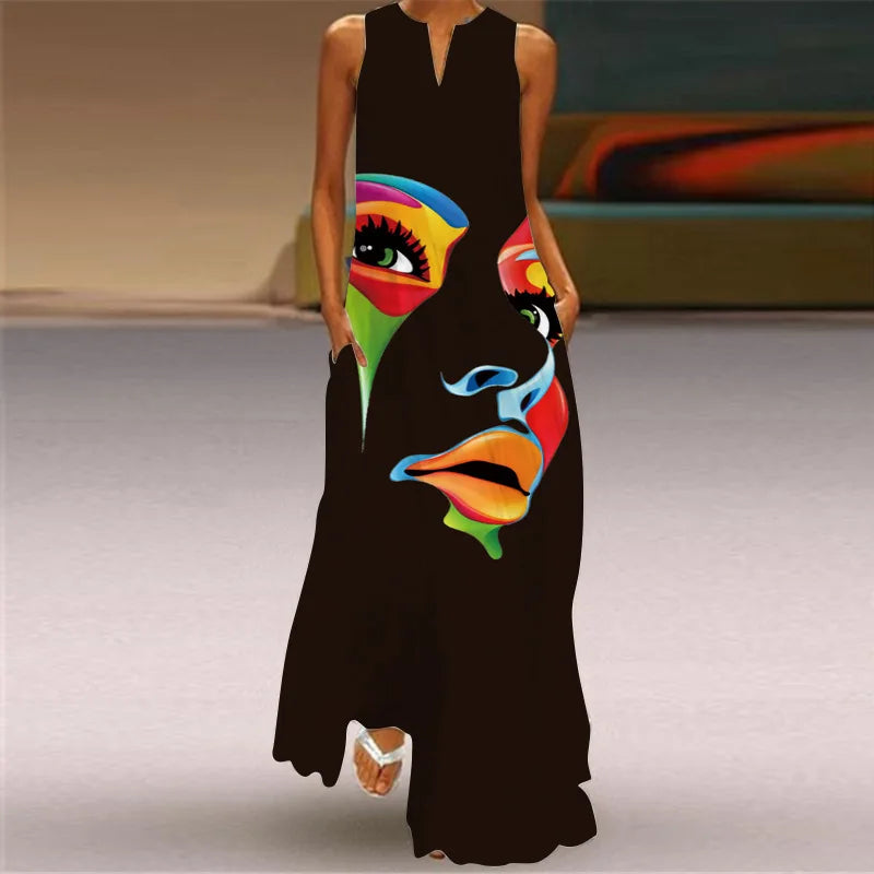 Elegant Sleeveless Women Dress Summer Vintage Print Loose Long Maxi Dresses Lady V Neck Pocket Sundress Femme Vestido Plus Size