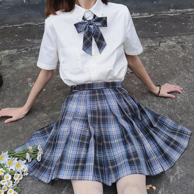 School Girl Uniform Pleated Skirts Japanese School Uniform High Waist A-Line Plaid Skirt Sexy JK Uniforms for Woman Full set