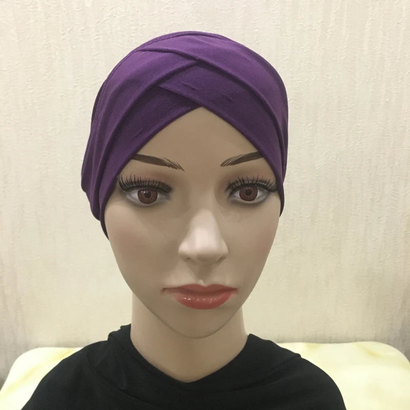 H117 Forehead criss Cross Muslim Turban Pure Color Stretch Inner Hijabs For Caps Ready To Wear Women Head Scarf Under Bonnet