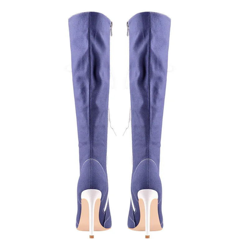 Onlymaker Women  Pointed-toe Lace Up Canvas Boots 10CM Thin High Heel Side Zipper Blue Long Boots Plus Size US5~US15