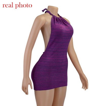 Cryptographic Halter Sexy Backless Mini Dresses Bodycon Skinny Club Party Sleeveless Knitted Dress Fall Streetwear Beach Holiday