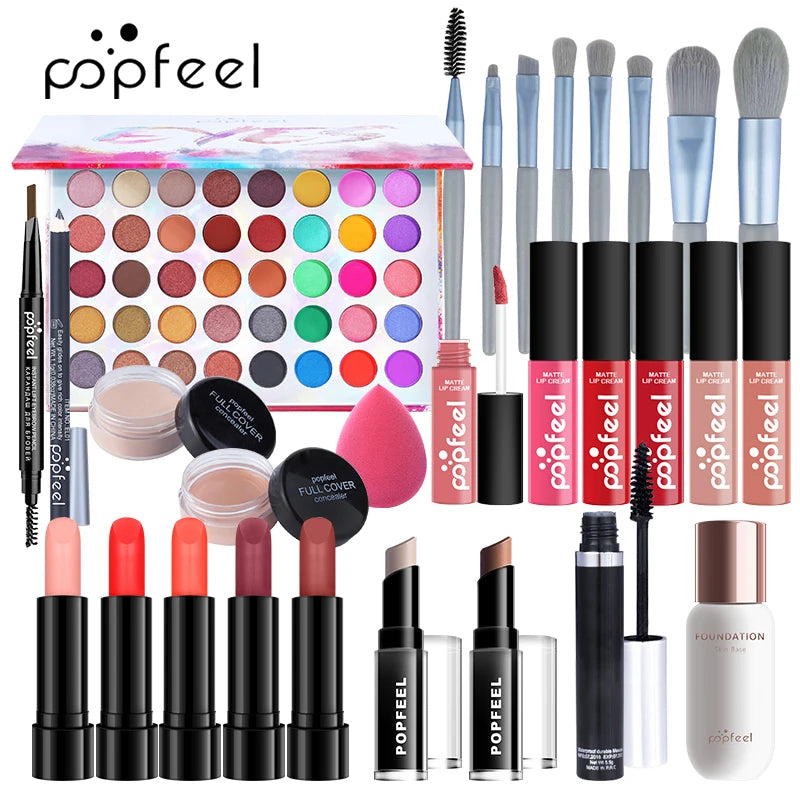 POPFEEL All In One Makeup Kit Cosmetics Set Eyeshadow Palette Concealer Foundation Makeup Brush Eyebrow Pencil Lipgloss Kit