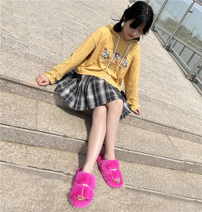 Slippers Ladies Summer Fluffy Mink Fur Slippers 100% Mink Fur Slippers Ladies Sandals 2021 Home Slippers Girls Outdoor Slippers