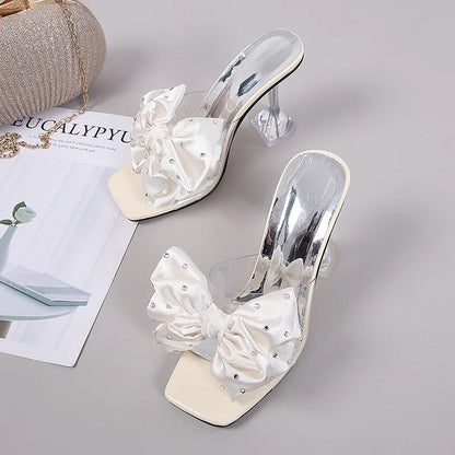 2026 New Fashion Crystal Bow High Heels Slippers Shoes Woman Sexy PVC Transparent Sandals Women Slides Open Toe Pumps Blue Black
