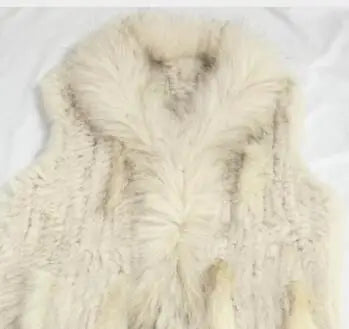 new fashion rabbit fur vest knit rabbit vest 80cm long style for women raccoon fur collar trim fur waistcoat pocket decoration
