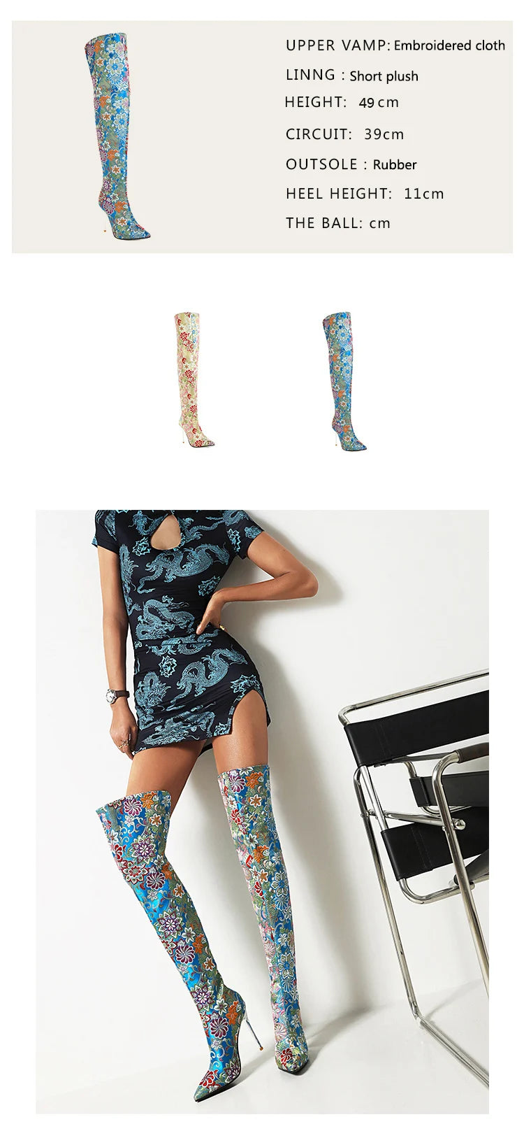 Western Embroidery Style Pointed Toe Over-The-Knee Women's Boots Ethnic Style Patterned Ultra-High Crystal Stiletto Long Boots