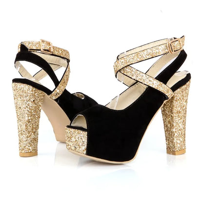 12CM High Heel Thick Heel Sandals Spring and Summer New Style Buckle Fish Mouth Women's Shoes Black Blue Plus Size 32-43