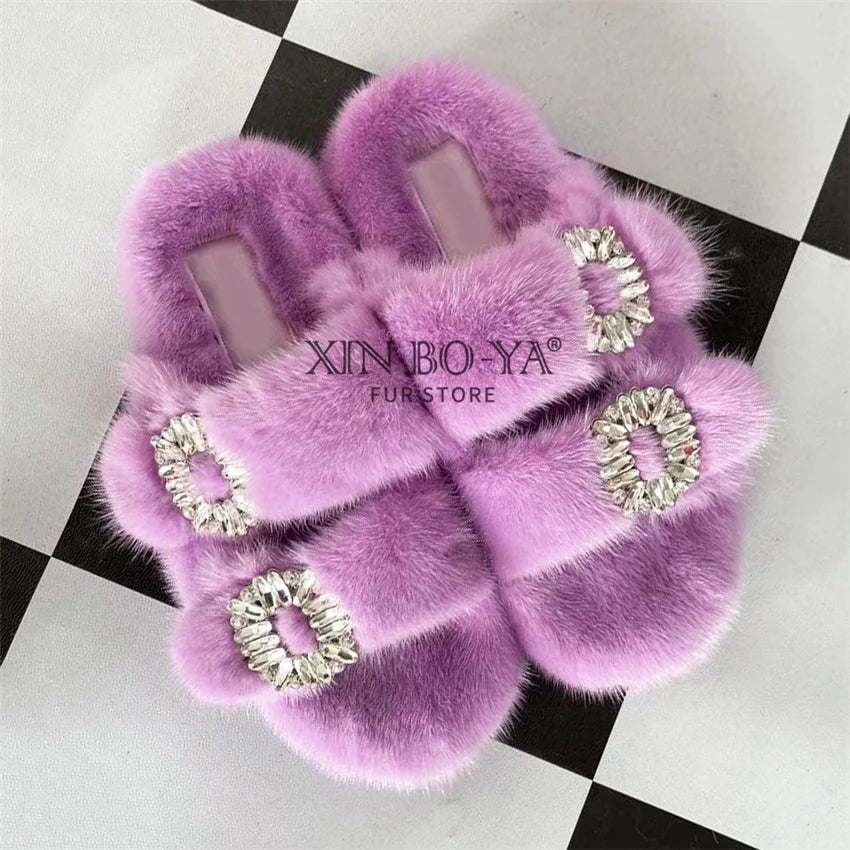 Winter Fur Slippers Women 2024 Flat Real Fur Mink Slippers Warm Soft Indoor Women Fur Slippers Luxury Designer Female Shoes