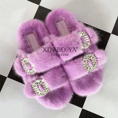 Winter Fur Slippers Women 2024 Flat Real Fur Mink Slippers Warm Soft Indoor Women Fur Slippers Luxury Designer Female Shoes