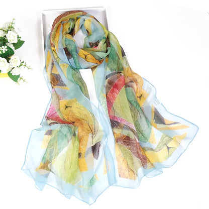 Women Foulard Chiffon Georgette Bandana Scarf Tree Leaf Print Long Shawl Summer Wrap Lady Elegant Thin breathable