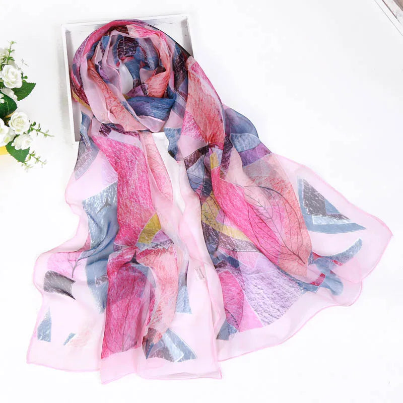 Women Foulard Chiffon Georgette Bandana Scarf Tree Leaf Print Long Shawl Summer Wrap Lady Elegant Thin breathable