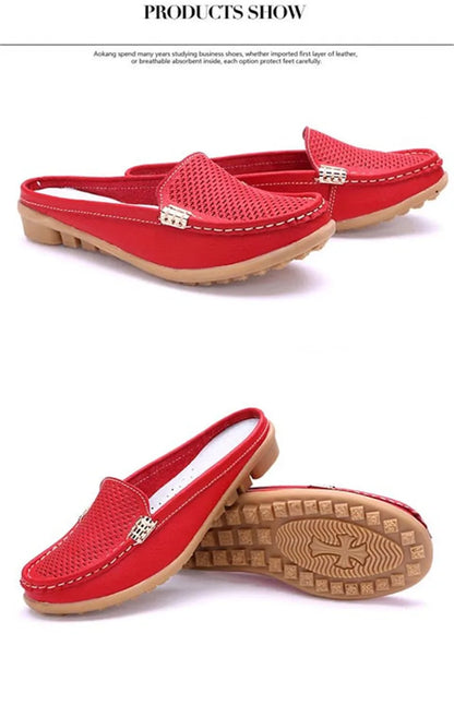 Women Casual Shoes Hollow Out Lady Half Lofers Genuine Leather Flats Moccasins Women Luxury Brand Half Slippers Zapatillas Mujer