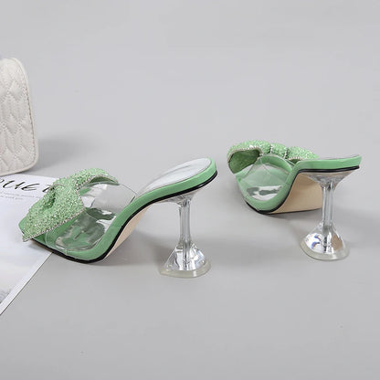 Size 34-46 Summer Party Slippers Fashion Green Rhinestone Bow Heels Sandals Women Square Open Toe PVC Transparent Shoes Slides
