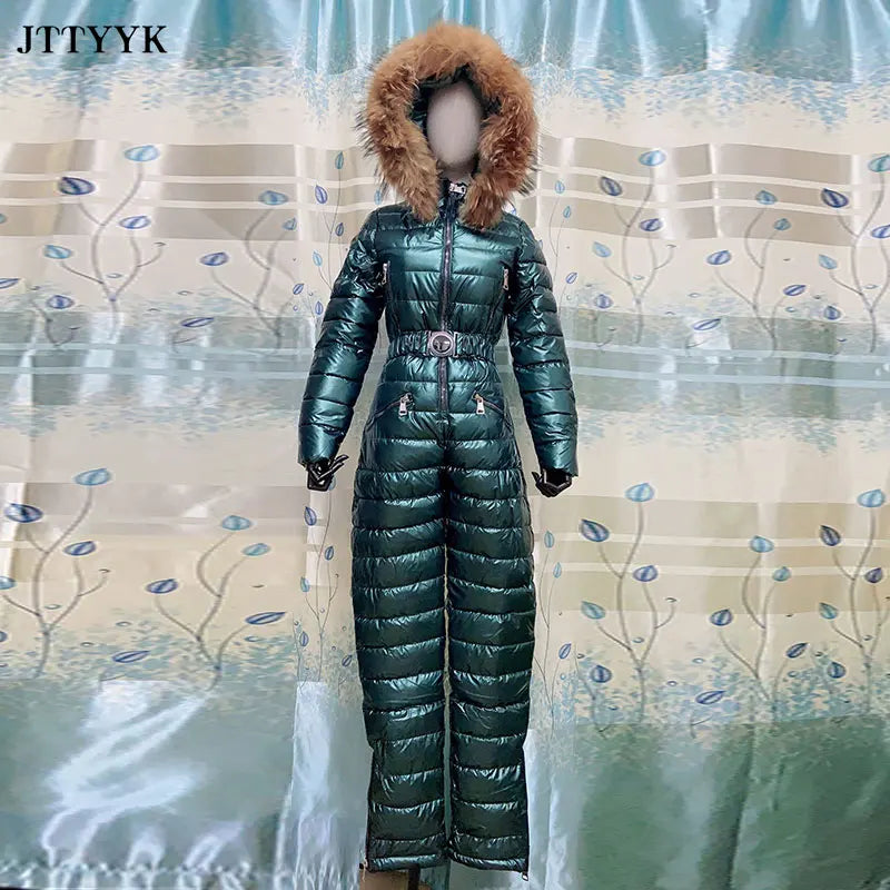 One Piece Ski Suit Women Jackets Winter Hooded Parka Jumpsuit Women Cotton Bodysuit Sashes Jumpsuits Zipper Overalls Tracksuits