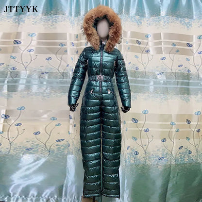 One Piece Ski Suit Women Jackets Winter Hooded Parka Jumpsuit Women Cotton Bodysuit Sashes Jumpsuits Zipper Overalls Tracksuits