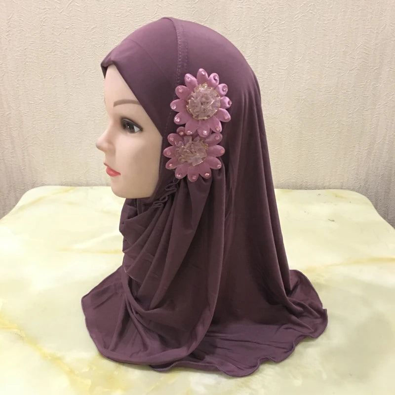 H081 beautiful small girl hijab with flowers cute hijab hats women's caps can fit 2-6 years old girls