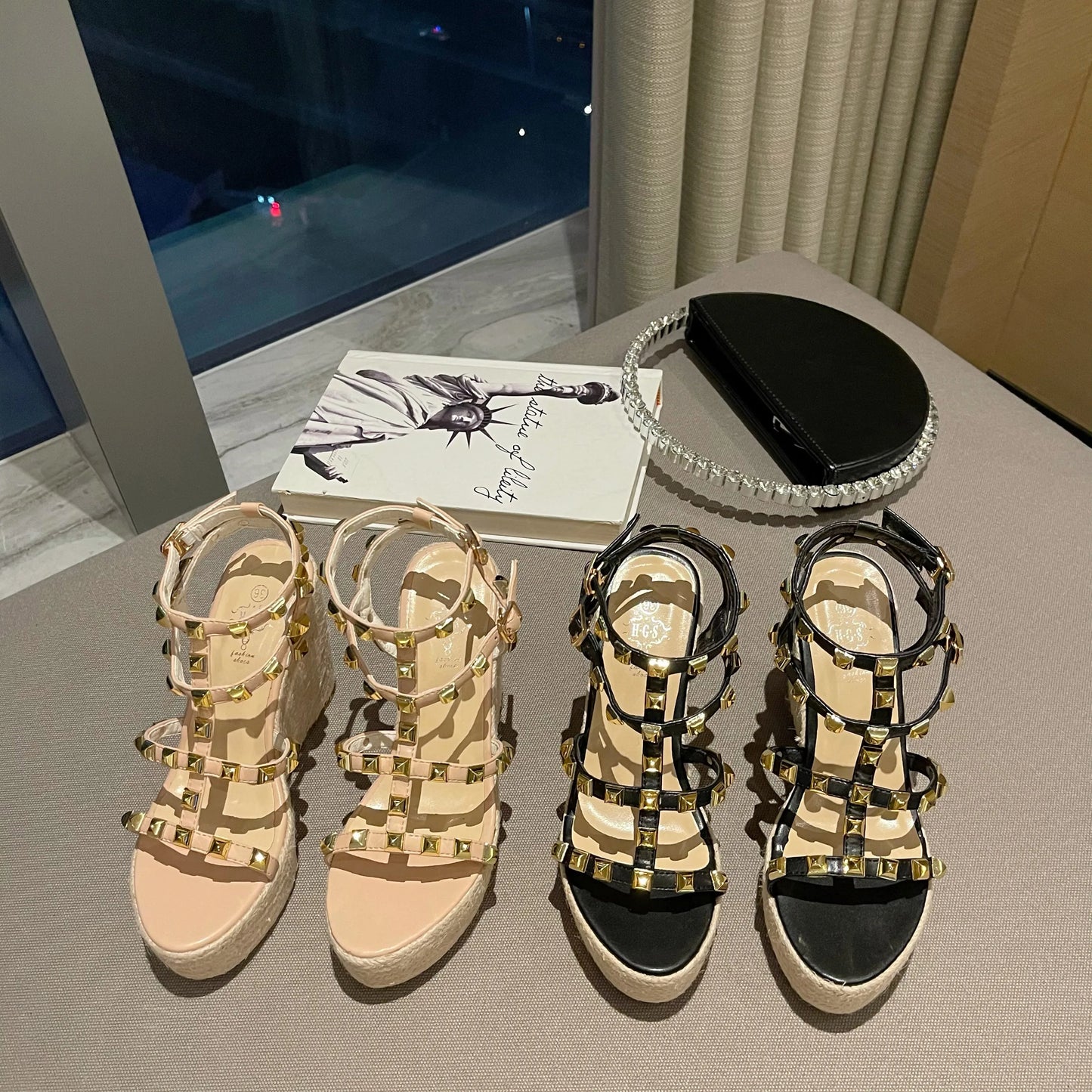 Rivet Wedges Women Sandals Open Toe Ankle Buckle Strap Ladies Platform Wedges Sandals High Heels Roman Rattan Grass Woven Shoes