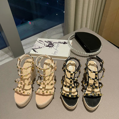 Rivet Wedges Women Sandals Open Toe Ankle Buckle Strap Ladies Platform Wedges Sandals High Heels Roman Rattan Grass Woven Shoes