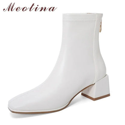 Meotina Ankle Boots Women Genuine Leather High Heel Shoes Thick Heel Short Boots Zip Square Toe Ladies Boots Autumn Winter Beige
