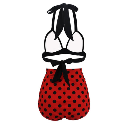 Pleated Bikini Red Top Navy Blue With White Dots Bottom Women Classic High Waist Halter Bikini Sets Plus Size Two-piece Swimwear
