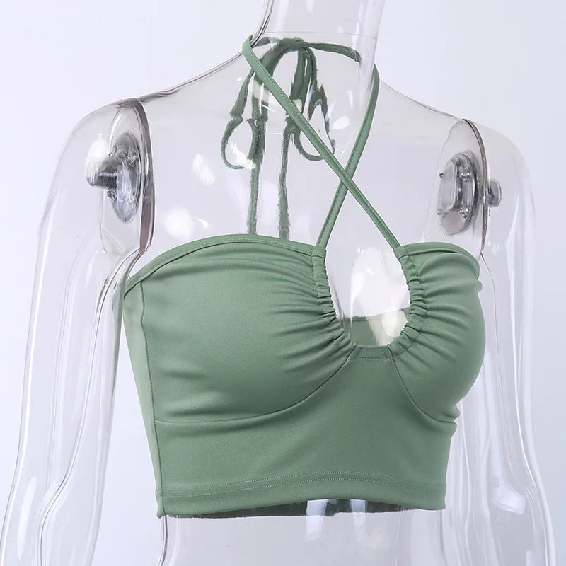 Sexy Solid Lace Up Bow Halter Ruched Crop Top Fashion Sleeveless Backless Tube Tops Female Streetwear Tops New Women