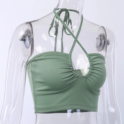 Sexy Solid Lace Up Bow Halter Ruched Crop Top Fashion Sleeveless Backless Tube Tops Female Streetwear Tops New Women