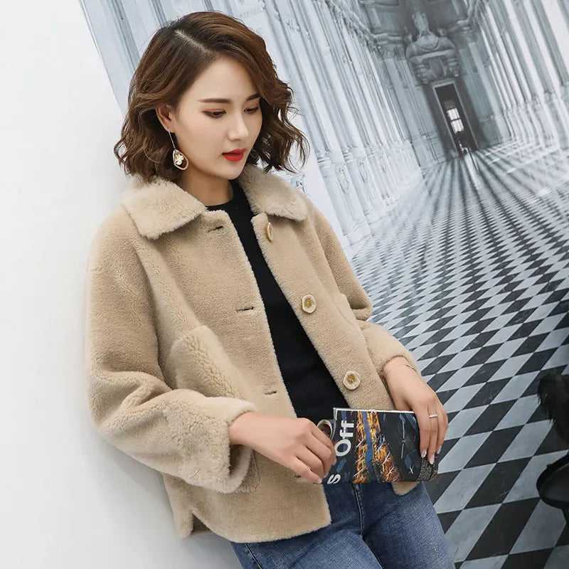 Real Fur Sheepskin Coat Women Winter  Genuine Wool Coats Female turndown Collar Winter Warm Sheep Shearing Jacket Outercoat