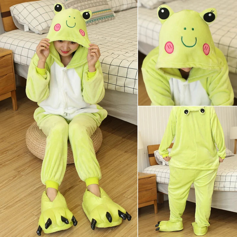 Adults and Children's Kigurumi Animal Onesies Unicorn Bear Pajamas Cartoon Frog Panda Women Men Warm Flannel Hooded Sleepwear