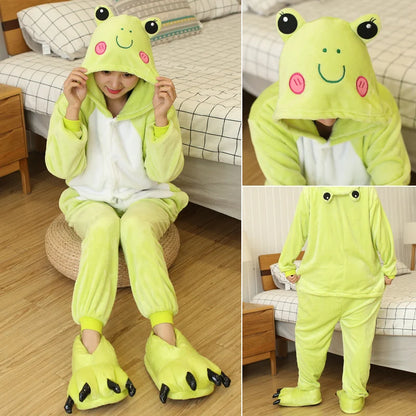 Adults and Children's Kigurumi Animal Onesies Unicorn Bear Pajamas Cartoon Frog Panda Women Men Warm Flannel Hooded Sleepwear