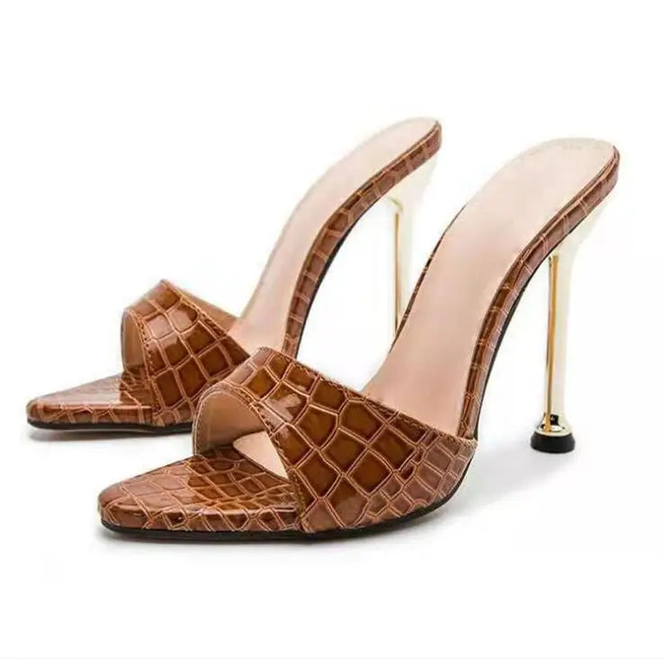 Luxury Women Ultra-High-Heeled Thin Metal Sandals with Pointed Fish Mouth Snake Print Large Size Wine Glasses Party Slippers