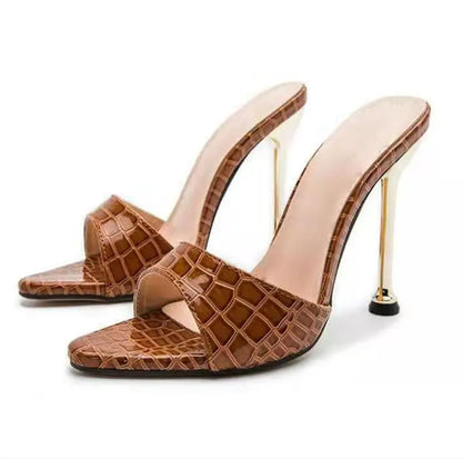 Luxury Women Ultra-High-Heeled Thin Metal Sandals with Pointed Fish Mouth Snake Print Large Size Wine Glasses Party Slippers
