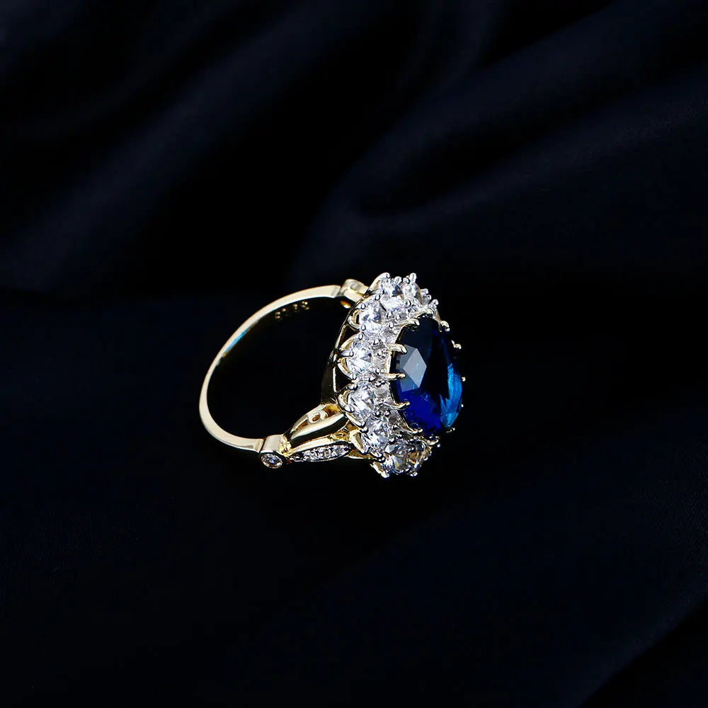Luxury Oval Blue Zircon Ring for Women Sparkling Golden Color Solitaire Finger Rings Romantic Jewelry Wedding Anniversary Gift