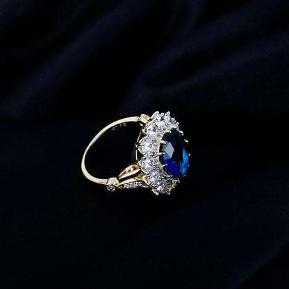 Luxury Oval Blue Zircon Ring for Women Sparkling Golden Color Solitaire Finger Rings Romantic Jewelry Wedding Anniversary Gift