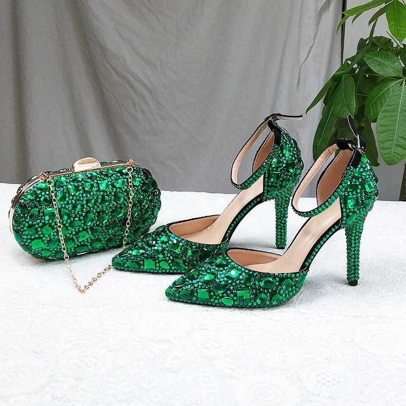 BaoYaFang 2022 NEW ARRIVE Green Crystal Wedding Shoes Woman Thin Heel Pointed Toe Bridal Party Dress Shoe Big Size High Pumps