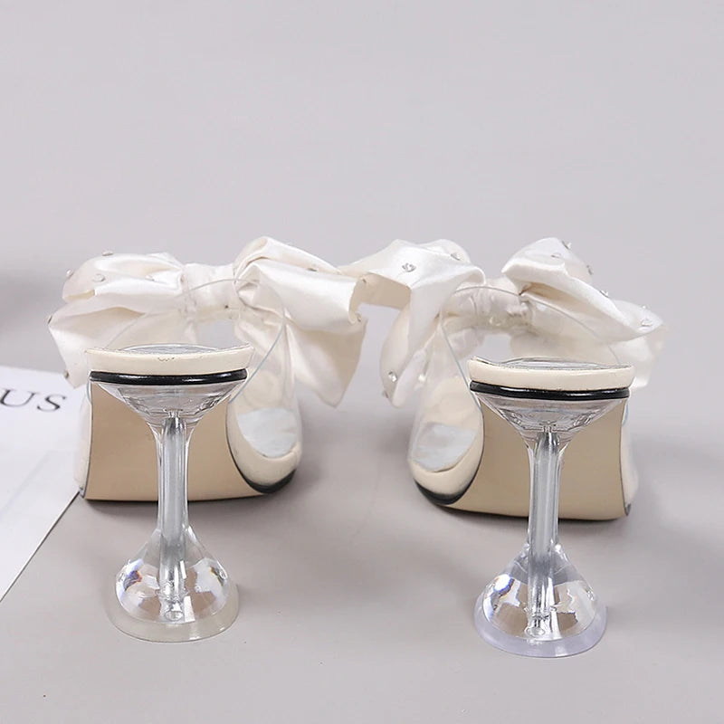 2026 New Fashion Crystal Bow High Heels Slippers Shoes Woman Sexy PVC Transparent Sandals Women Slides Open Toe Pumps Blue Black