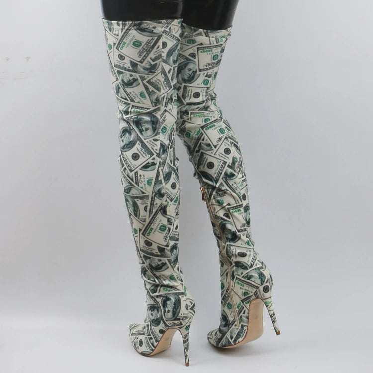 Dollar Printed Stretch Thigh Boots Pointed Toe Thin High Heel Slim Leg Elastic Over The Knee Boots Women Fall Fashion Long Boots