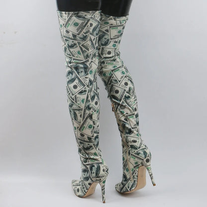 Dollar Printed Stretch Thigh Boots Pointed Toe Thin High Heel Slim Leg Elastic Over The Knee Boots Women Fall Fashion Long Boots
