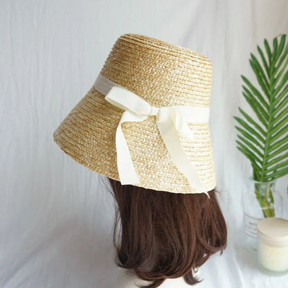 Handmade Summer Hats For Women Ladies Sun Hat Ribbon Bowknot Beige Straw Hat Adjuatble Beach Hat Wide Brim Kentucky Derby Hat