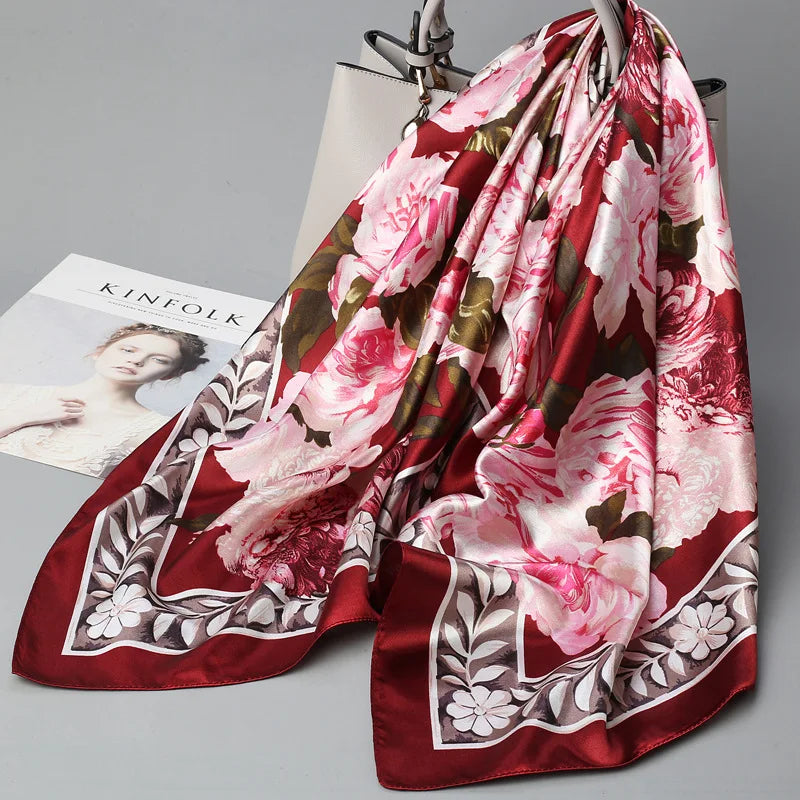 Wholesale Fashion Floral Print Kerchief Silk Satin Shawls and Wraps Hijab Scarfs Female 90cm*90cm Square Bag Scarves For Ladies