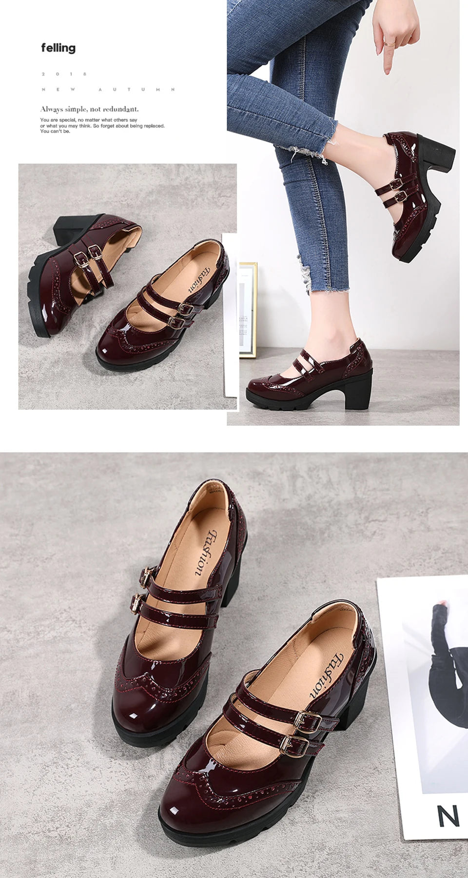 EOFK Women Pumps Shoes Genuine Leather New Mary Jane High Heels Shinny Patent Woman Ladies Shoes Pumps Brogue High Square Heel