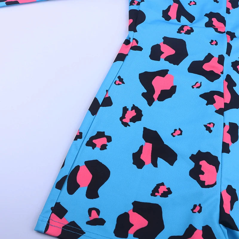 OMSJ 2024 Rompers Women Sleepwear Sky Blue Leopard Print Long Sleeve Short Jumpsuit Sexy Onesie For Adult Female Nightwear S-3XL