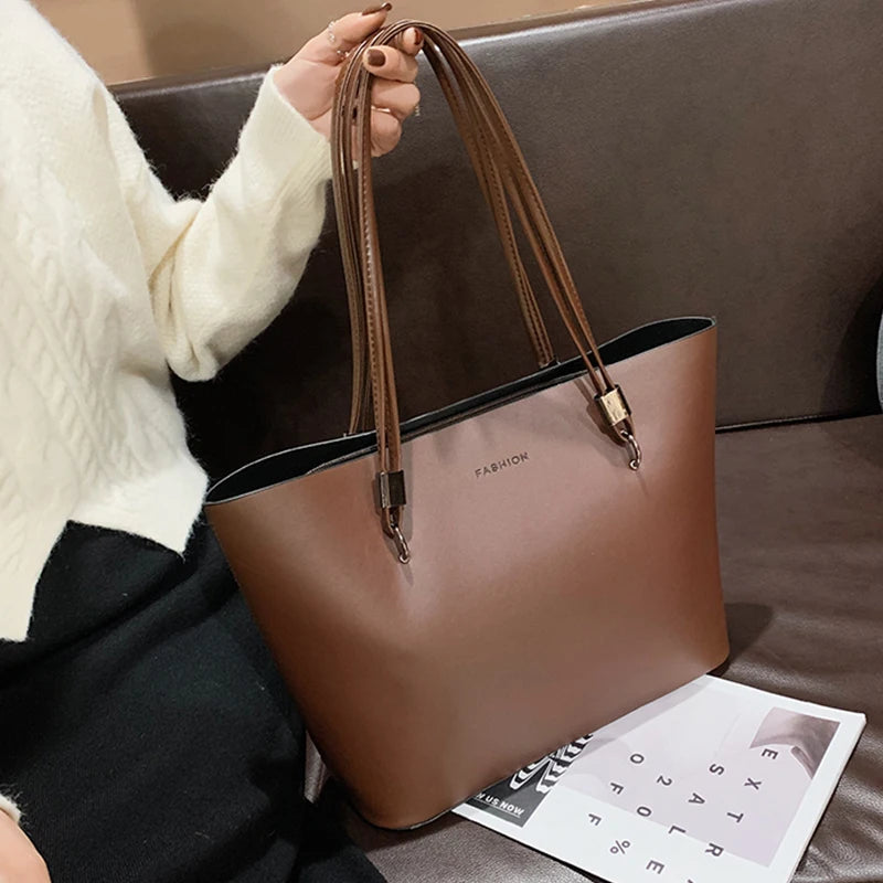 Solid Color Women's PU Leather Handbag and Purse Luxury Large Capacity Fashion Shoulder Bags Female Designer Shopping Tote Bags