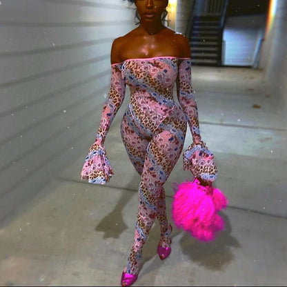 Women Sexy See-through Slash Neck Flared Sleeve Nightclub Outfits Overalls 2025 Hipster High Waist Floral&Leopard Print Jumpsuit