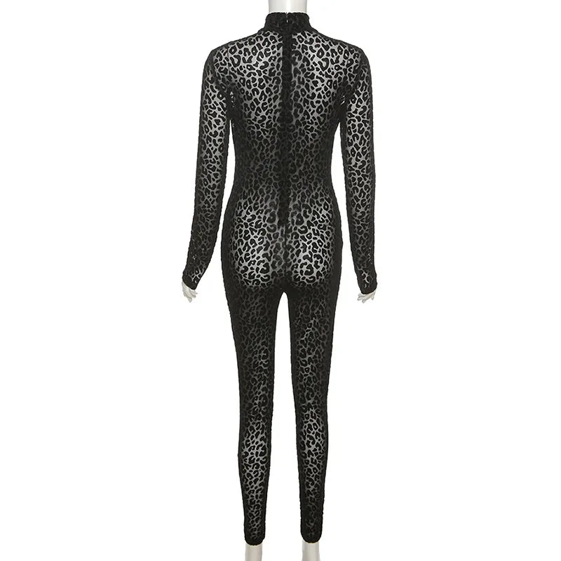 Shestyle Leopard Transparent Jumpsuits Women Skinny Back Zip Mock Neck Black Sexy 2021 Hot Animal Print Slim Clubwear Fitness