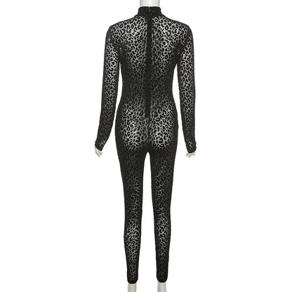 Shestyle Leopard Transparent Jumpsuits Women Skinny Back Zip Mock Neck Black Sexy 2021 Hot Animal Print Slim Clubwear Fitness