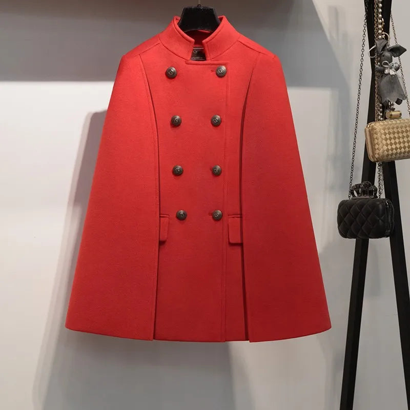 New Winter Women Double Breasted Cape Woolen Blends Elegant Ladies Coat Stand Collar Cloak Outwear Coats Vintage Overcoat