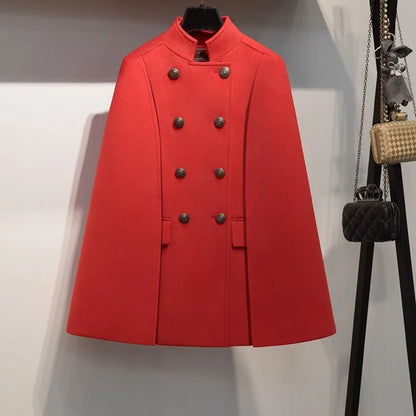 New Winter Women Double Breasted Cape Woolen Blends Elegant Ladies Coat Stand Collar Cloak Outwear Coats Vintage Overcoat
