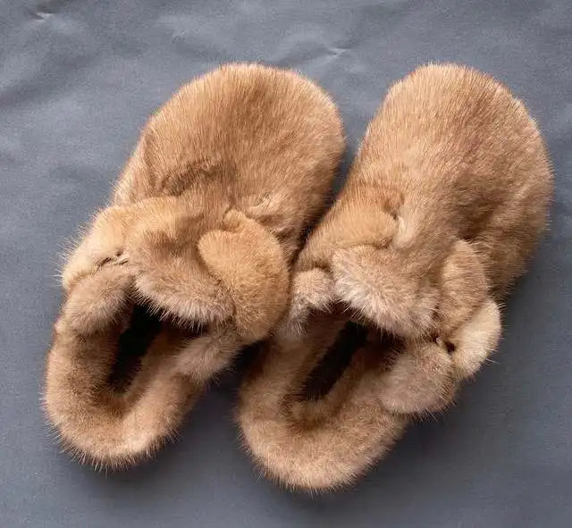 Female Luxury Real Mink Fur Slippers, Women's Clogs, Slip-on Casual Winter Shoes, Mules Shoes Women Luxury Designer Mink Slipper