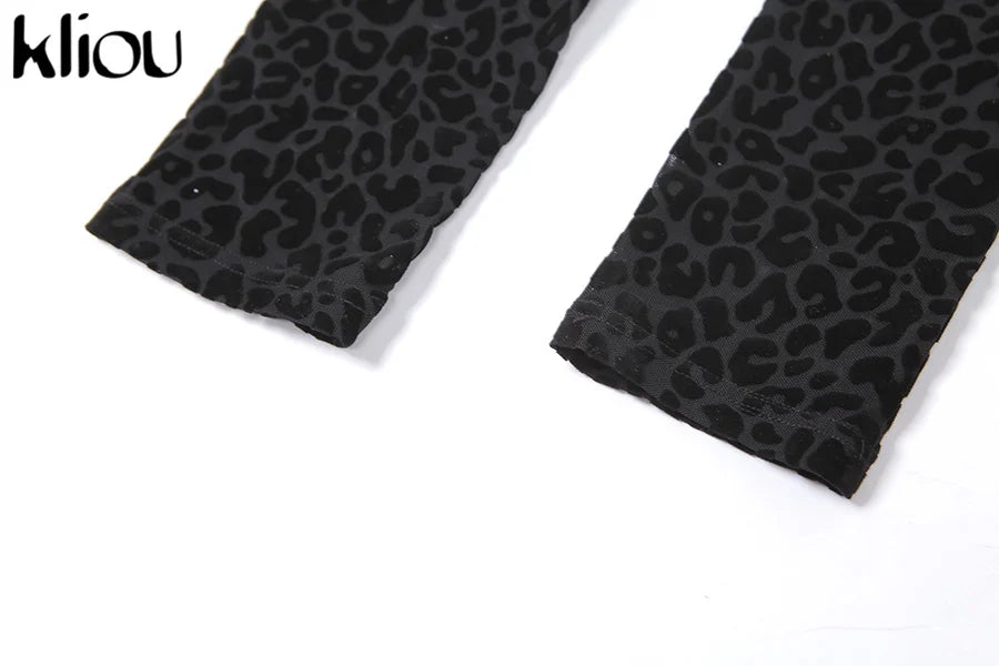 Kliou Flocking Mesh Jumpsuit Women Autumn Sexy Camis Leopard Patchwork Body-Shaping One Piece Clothing Midnight Attire Clubwear