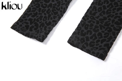 Kliou Flocking Mesh Jumpsuit Women Autumn Sexy Camis Leopard Patchwork Body-Shaping One Piece Clothing Midnight Attire Clubwear